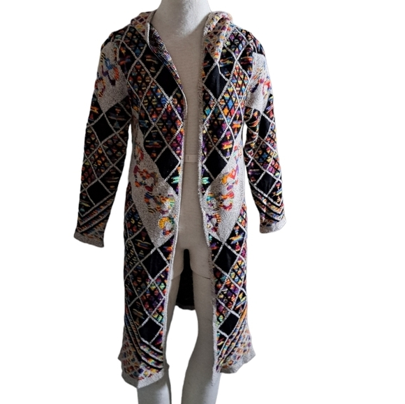 NORTHERN ANGEL Aztec Southwestern long open front cardigan duster hood sweater S - Picture 1 of 12